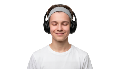 Handsome boy smiling while listening to music with headphones, isolated on white background, png