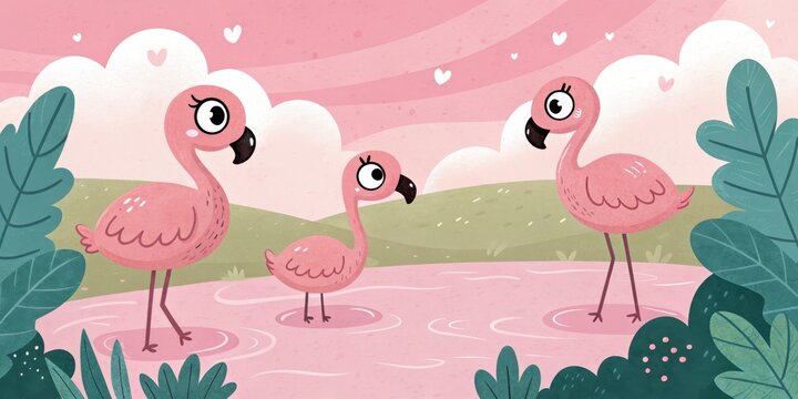 Three cartoon flamingos standing in pink water with a pink sky and green foliage