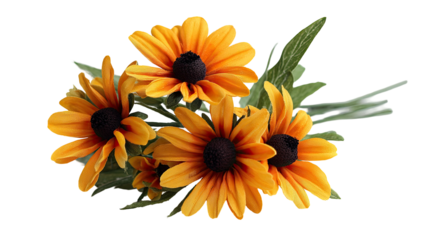 Close-up of a bouquet showcasing yellow and orange daisy-like flowers with dark centers and green leaves