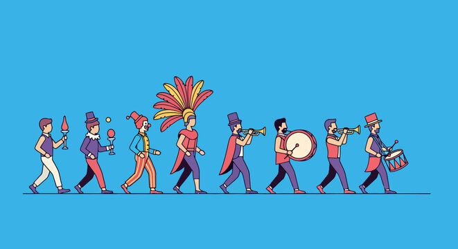 Entertaining Performers Join Festive Parade With Musical Instruments And Props On Bright Blue Background