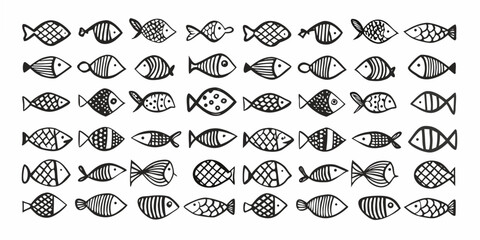 A repeating pattern of various simple black and white fish illustrations © Kabita
