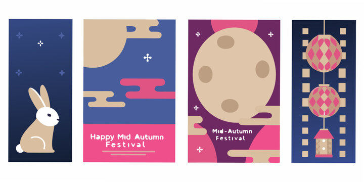 Four mid autumn festival themed illustrations with rabbits moons and colorful patterns