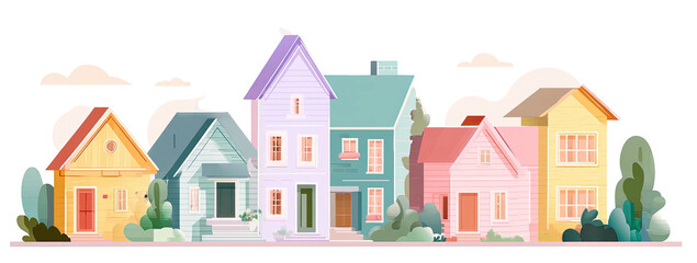 Fototapeta premium A colorful illustration showing a row of cartoon houses with unique colors and architectural styles