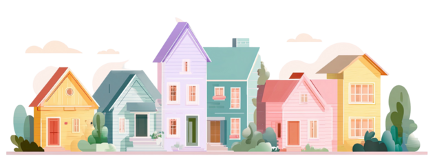 A colorful illustration showing a row of cartoon houses with unique colors and architectural styles
