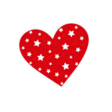 A red heart adorned with white stars, bordered by a white outline, on a stark black background