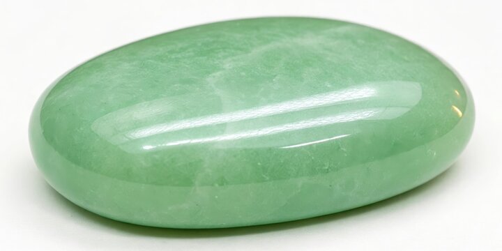 Close up of a smooth oval green aventurine gemstone on a white surface studio shot