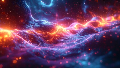 An abstract depiction of flowing, vibrant energy with fiery orange and cool blue tones. The image evokes an otherworldly cosmic landscape