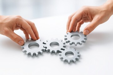 Interlocking Gears: Two sets of hands carefully assemble a series of interlocking metal gears, signifying teamwork, coordination, and the meshing of various components towards a common objective.