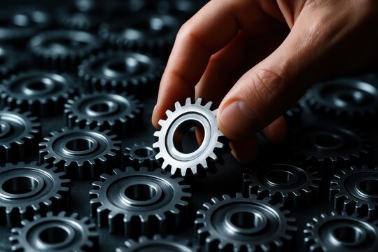 Precision Hand and Cogwheel: A close-up shot of a hand delicately positioning a cogwheel among a myriad of others, showcasing precision, cooperation, and the intricacies of machinery.