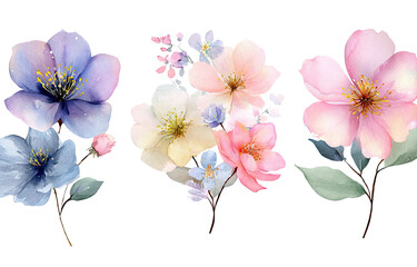 Delicate watercolor floral arrangement with various colored blossoms on black background