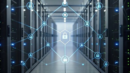 A futuristic data center scene showcasing interconnected servers with digital security icons, emphasizing cybersecurity and data protection.