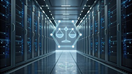 A futuristic data center corridor featuring servers and a digital scale symbol, representing balance in technology and law.