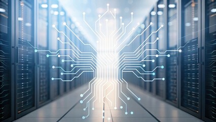 A futuristic data center with illuminated circuit patterns, emphasizing technology and connectivity in a sleek server environment.