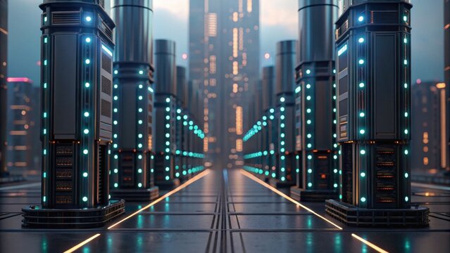 A futuristic data center with illuminated server racks, showcasing a digital landscape filled with blue lights and advanced technology. - Powered by Adobe