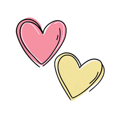 Two cartoon hearts, one pink, one yellow, with sketchy black outlines