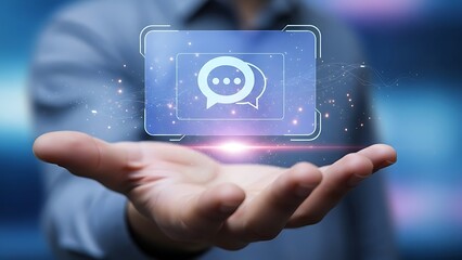 Hand holding digital communication icon isolated on white background.