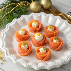 Ceramic plate with a scalloped edge, elegantly arranged with seven smoked salmon rosettes
