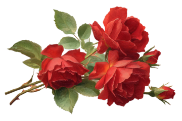A cluster of vibrant red roses, stems, and leaves artfully arranged, set against a black backdrop