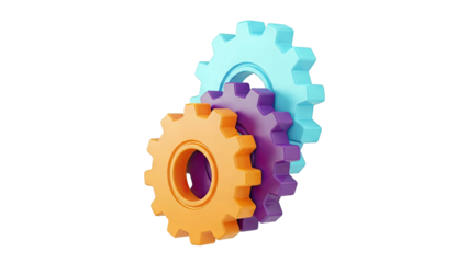 Three Interlocking Gears in Orange, Purple, and Blue