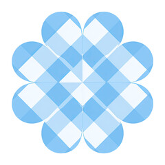 A geometric pattern with seven heart-shaped petals in alternating light blue and white checkered pattern