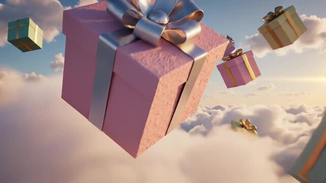 Cinematic slow motion shot of wrapped gift box floating through clouds in blue sky, conveying a surreal holiday atmosphere and weightless magical celebration in the air.