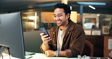 Phone, smile and message with man for editor feedback, project review and creative chat. Online...