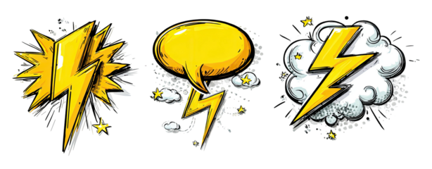 Collection of stylized lightning bolts and speech bubbles with comic-book aesthetic on a black backdrop