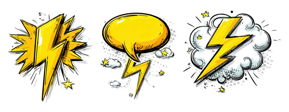 Collection of stylized lightning bolts and speech bubbles with comic-book aesthetic on a black backdrop