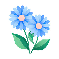 Cartoon-style illustration of two blue daisies with pink centers and green leaves