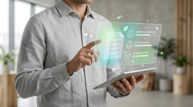 Man using tablet to manage paperless workflow and ESG compliance on futuristic digital interface - Powered by Adobe