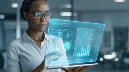 A woman interacting with a digital interface displaying data analytics. - Powered by Adobe