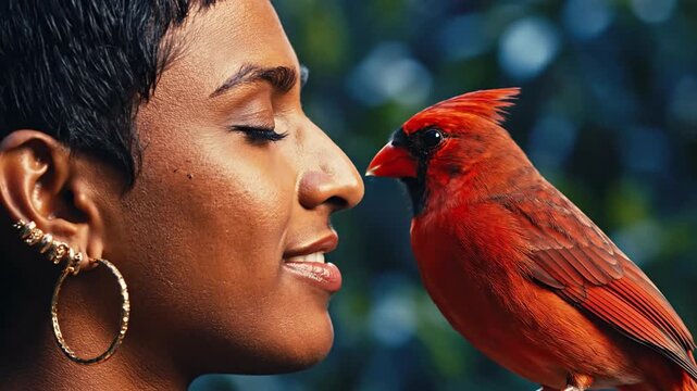 Cinematic extreme close-up portrait of a human face with a vibrant scarlet red bird perched beside them capturing artistic detail vivid color and intense emotional expression in high quality