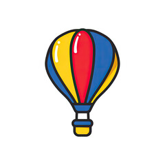Fototapeta premium Colorful, stylized hot air balloon icon with sections of red, yellow, and blue against a black background