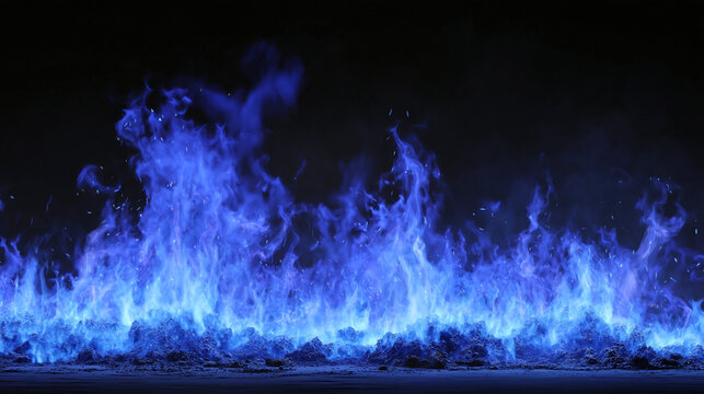 Vibrant Blue Fire Flames and Embers on Dark Background