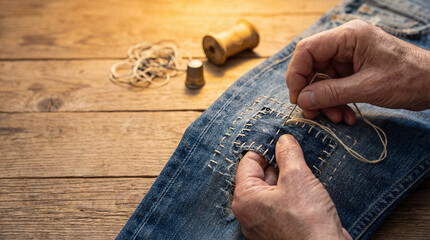 Hand sewing denim jeans patch with needle and thread on wooden table showing sustainability and repair