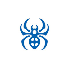 A stylized blue spider silhouette against a stark black background, symmetrical and digitally crafted