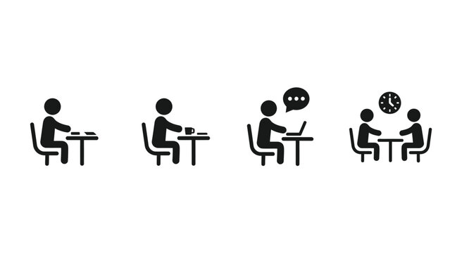 A series of simple icons depicting people sitting at tables and interacting