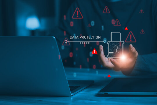 Cybersecurity concept showing data protection on laptop with digital lock, warning alerts, secure interface, represent privacy, threat detection, risk management, information security business systems - Powered by Adobe