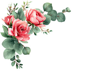 Watercolor floral corner arrangement with pink roses and lush green foliage on a black backdrop