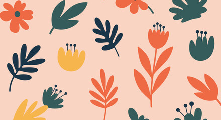 Colorful floral pattern with leaves and flowers on peach background. © Ira Project