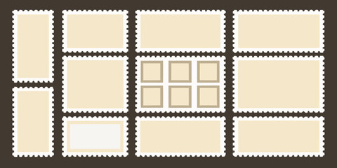 Obraz premium Arrangement of blank postage stamps displayed on a brown background