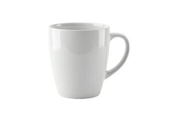 A pristine, high-gloss white ceramic porcelain coffee mug with a modern tapered body and ergonomic C-handle, sharply focused on a transparent background with copy space for branding concept