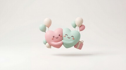 Cute pastel hearts embracing with balloons and a gift, celebrating love and friendship