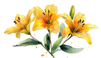 Watercolor painting of vibrant yellow lilies with green leaves and a black background