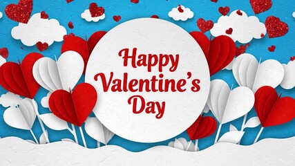 Happy valentines day with red and white heart balloons on blue background with clouds