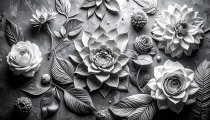 Black and white floral arrangement with varying blooms and leaves, creating a textured surface. The grayscale palette enhances details