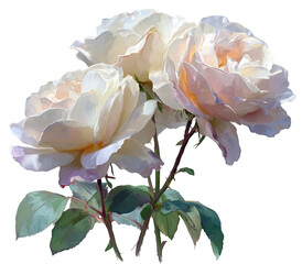 Artistic depiction of three creamy-white roses with soft petals, stems, and leaves against a black backdrop