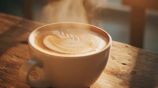 A steaming cup of coffee with intricate latte art on a wooden table.