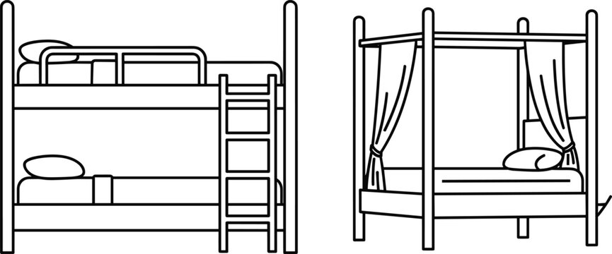 Black and white illustration of bunk bed and canopy bed, furniture vector artwork for interior design