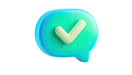 A 3D rendered speech bubble in varying shades of blue with a white checkmark inside